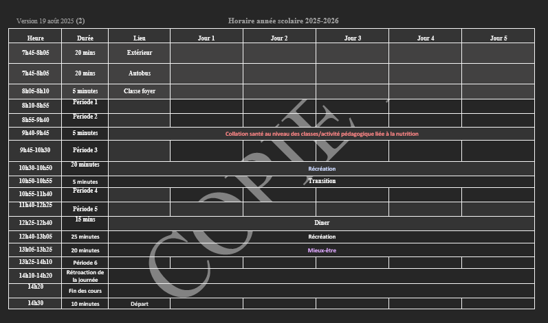 Horaire de la journée 25 26
